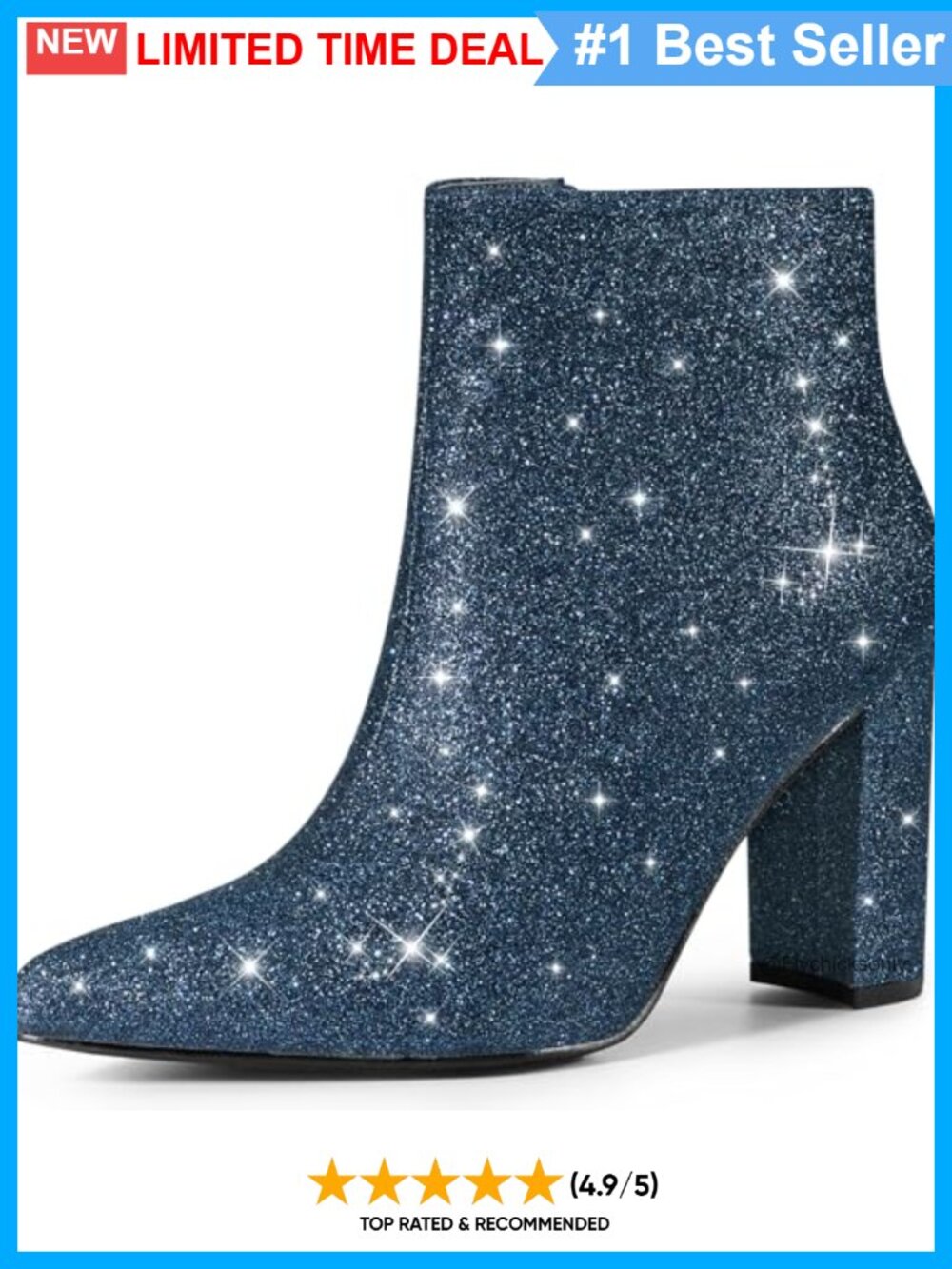 Glitter Ankle Boots Chunky Heels Pointed Toe Side Zip Party